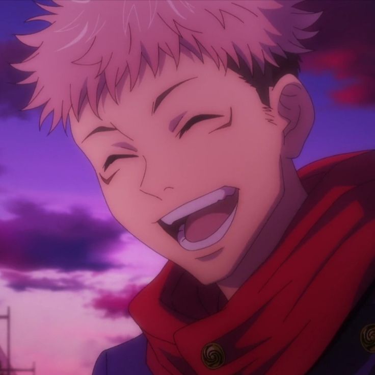 an anime character with pink hair and red scarf smiling at the camera while standing in front of a purple sky