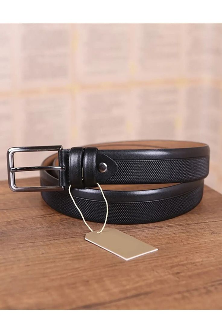 "Buy Good Belt For Men Suit Black Calf Skin Genuine Leather Textured Dress Belt For Trousers With Silver Buckle 3.5 Cm ----- BELT SIZE: Choose from drop down menu above BELT width: 1 3/8\" | 3.5 cm LEATHER: Genuine leather COLOR: Black BUCKLE: Silver color CONDITION: New ----- ALL BELTS ARE MEASURED FROM THE LEATHER PART'S END TO THE MIDDLE HOLE. Usually choose belt two sizes larger than regular jeans size. For example, if you wear jeans in size 34\", then belt size 38\" would fit well.  PAYMENT Black Belt For Office Wear, Fitted Black Belt For Office, Black Belt For Workwear, Fitted Black Belt For Workwear, Elegant Black Belt For Work, Elegant Black Belt For Business, Elegant Black Business Belt, Elegant Fitted Belt For Business Casual, Elegant Leather Belt With Belt Clip