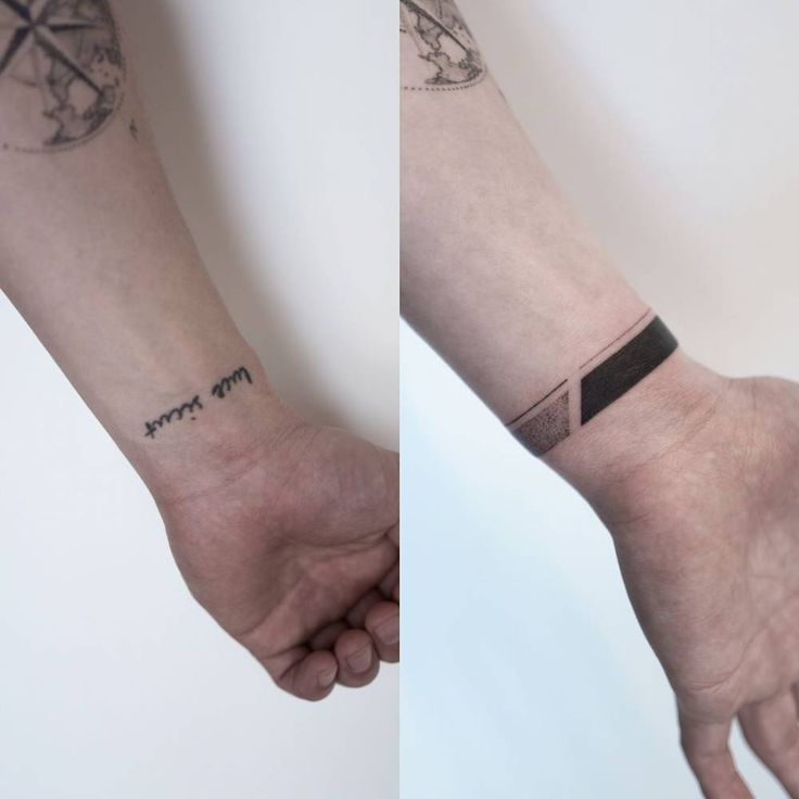 two pictures of the same wrist with tattoos on them