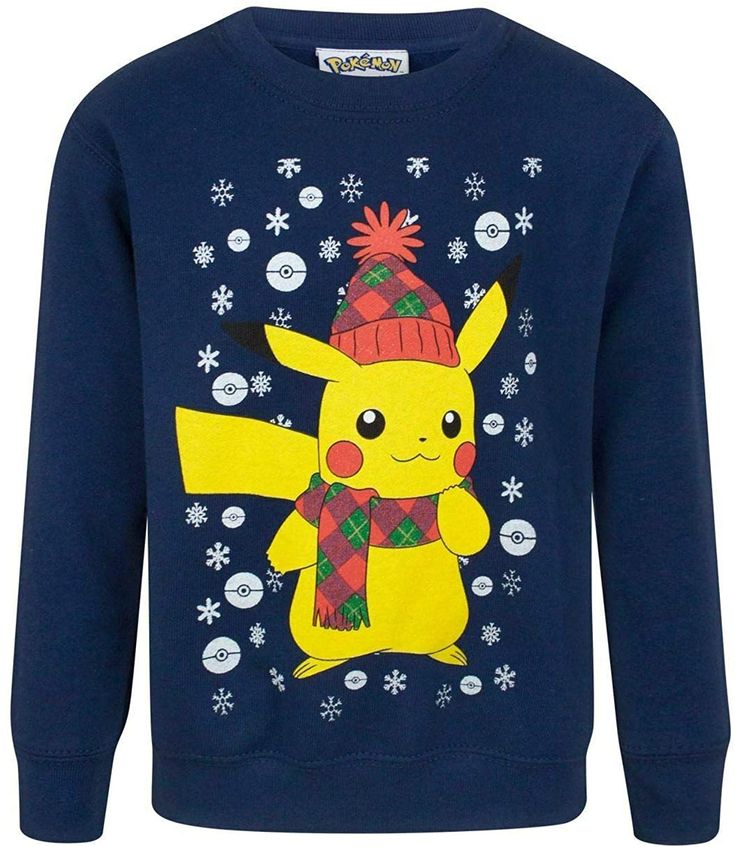 a blue sweater with a pikachu wearing a hat and scarf on the chest