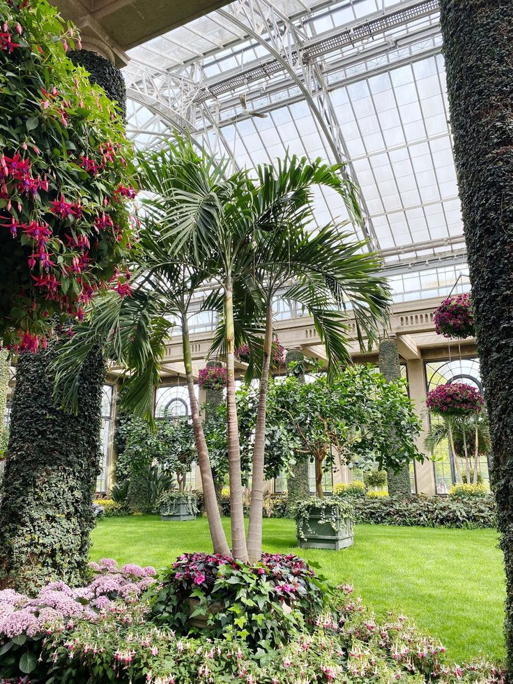 the inside of a building with lots of trees and flowers in it's center