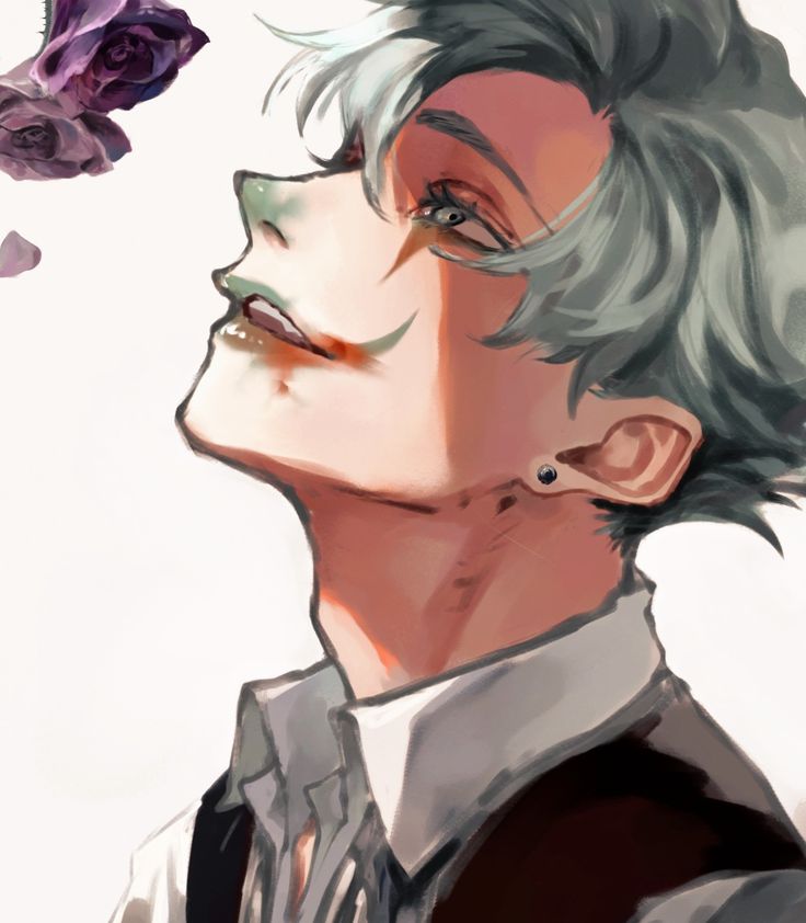 a drawing of a man with grey hair and flowers in his hair, looking up at the sky