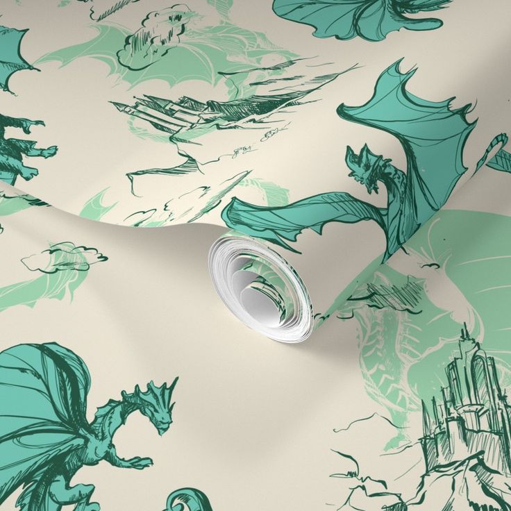 a green and white wallpaper with dragon designs on it's sides, including an image of a castle in the background