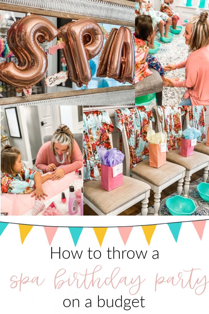 a birthday party with balloons and presents on the table, including letters spelling out how to throw a spa birthday party on a budget