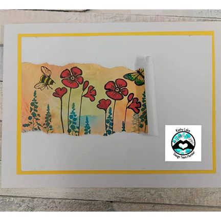 a card with red flowers on it and a yellow border around the bottom half of the card