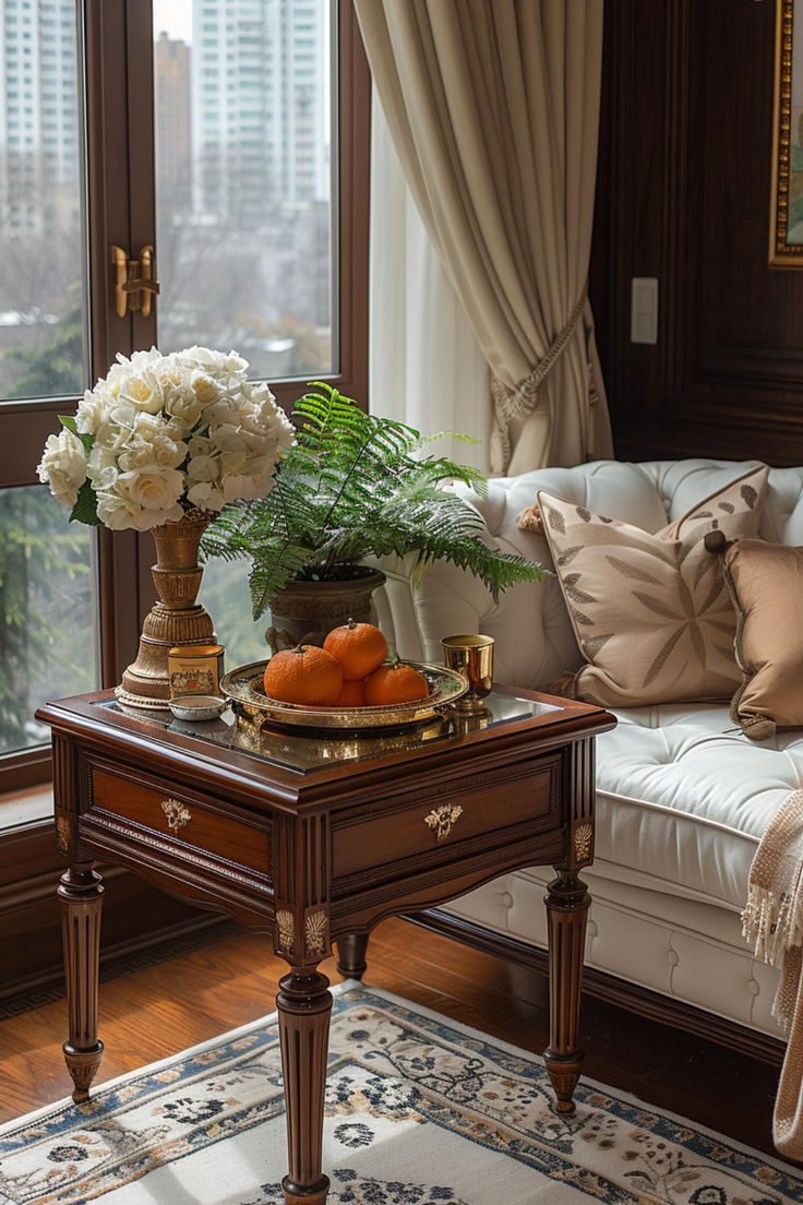 a living room filled with furniture and flowers on top of a coffee table in front of a window