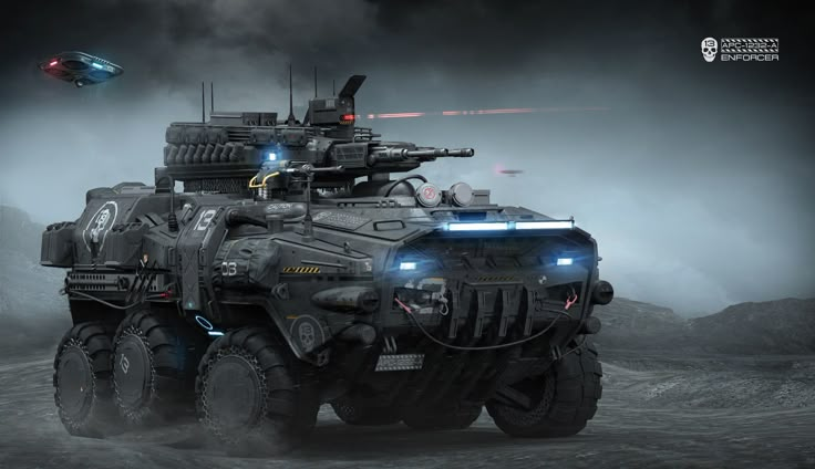 an armored vehicle with lights on driving through the desert