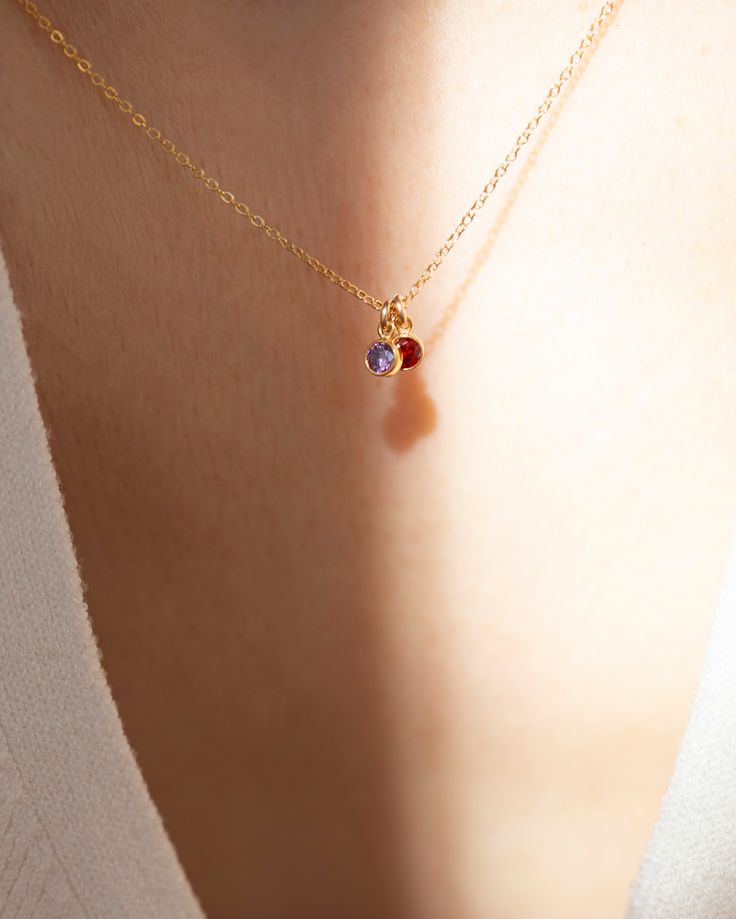 Dainty birthstone necklacePerfect way to cherish family members & loved ones.Made with 14k gold filled.- Sterling silver or 14k gold filled- 3mm CZ birth stone bezel Necklace With Kids Birthstones, Cute Simple Necklaces For Girlfriend, Two Birthstone Jewelry, Small Dainty Necklace, Dainty Everyday Jewelry, 14k Gold Birthstone Charm Necklace, Personalized Dainty 14k Gold Birthstone Necklace, 14k Gold Filled Yellow Gold Birthstone Necklace, Dainty Birthstone Charm Necklaces For Anniversary