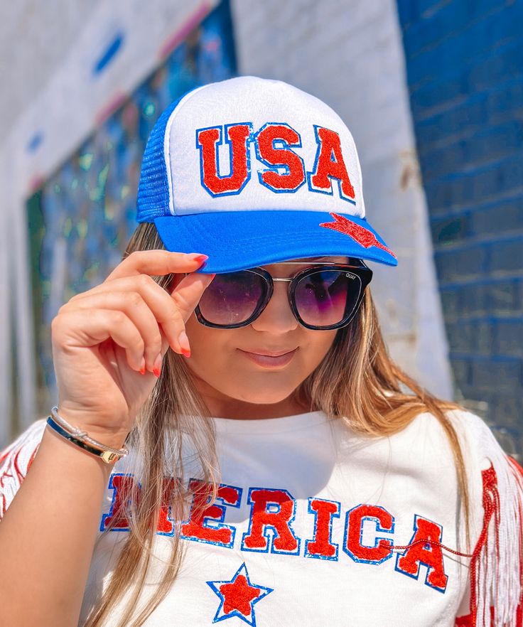 This USA Star Trucker Hat is the perfect way to show your patriotic spirit in style! Featuring chenille and a casual good looking trucker hat, it's perfect for sunny days spent outdoors so that you can stay cool and comfortable all summer long. Show your USA pride and look cute every day with this patriotic hat. 4th Of July Casual Trucker Hat, Usa Trucker Hat, 4th Of July Trucker Hats, Americana Trucker Hat For 4th Of July, Patriotic Outdoor Trucker Hat (one Size Fits Most), Trucker Hat Fashion, Patriotic Hats, Usa Pride, Casual Hat