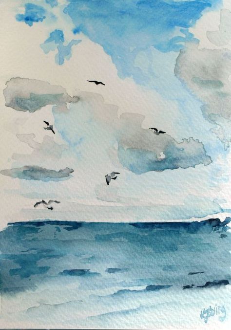 watercolor painting of birds flying over the ocean on a cloudy day with blue sky and clouds