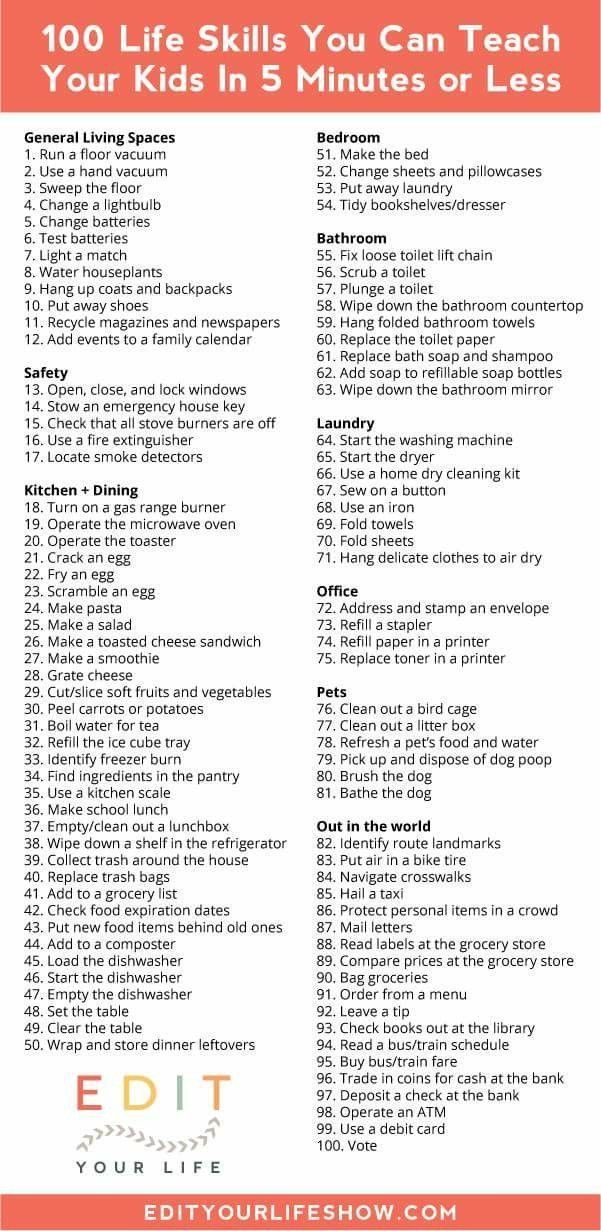 a list with the words 100 life skills you can teach your kids in 5 minutes or less