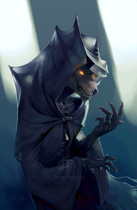 a drawing of a demon with glowing eyes and a caped cloak over his head