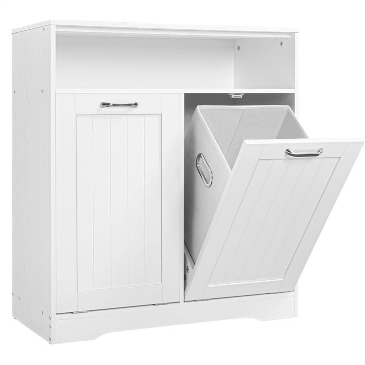 a white cabinet with an open door and two bins in the bottom half, on a white background