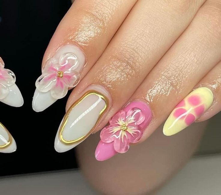 Hibiscus Flower Nail, Gummy Gel, Gel Chrome Nails, Chrome Designs, Acrylic Nails Almond Shape, Gucci Nails, Yellow Nail Art, 3d Flower Nails, Simple Acrylic Nails