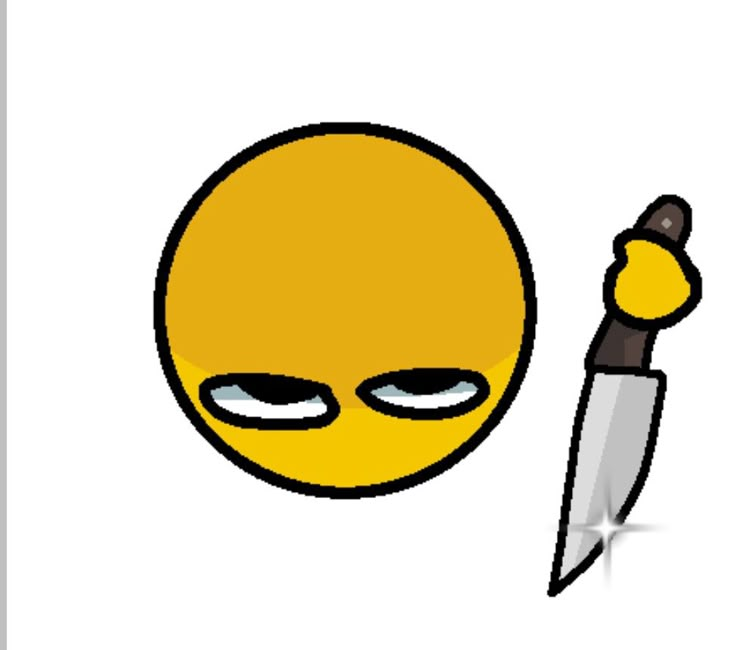 a yellow smiley face with a knife sticking out of it