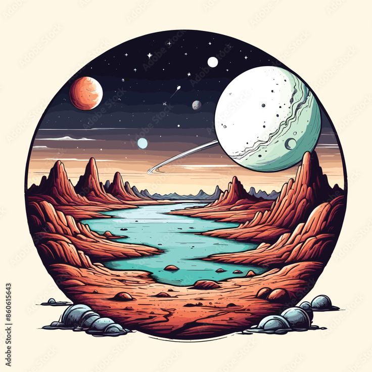 an alien landscape with mountains and planets in the sky, as well as a lake