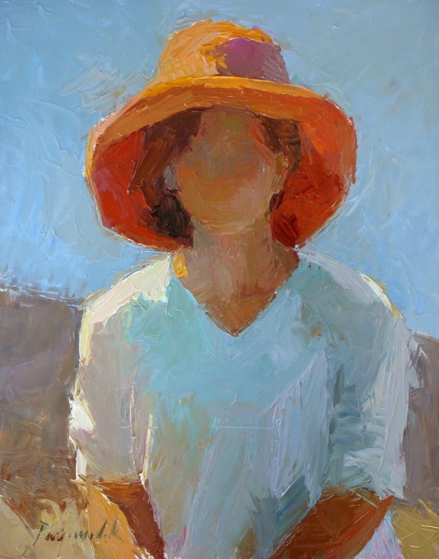 a painting of a woman wearing a bright orange hat