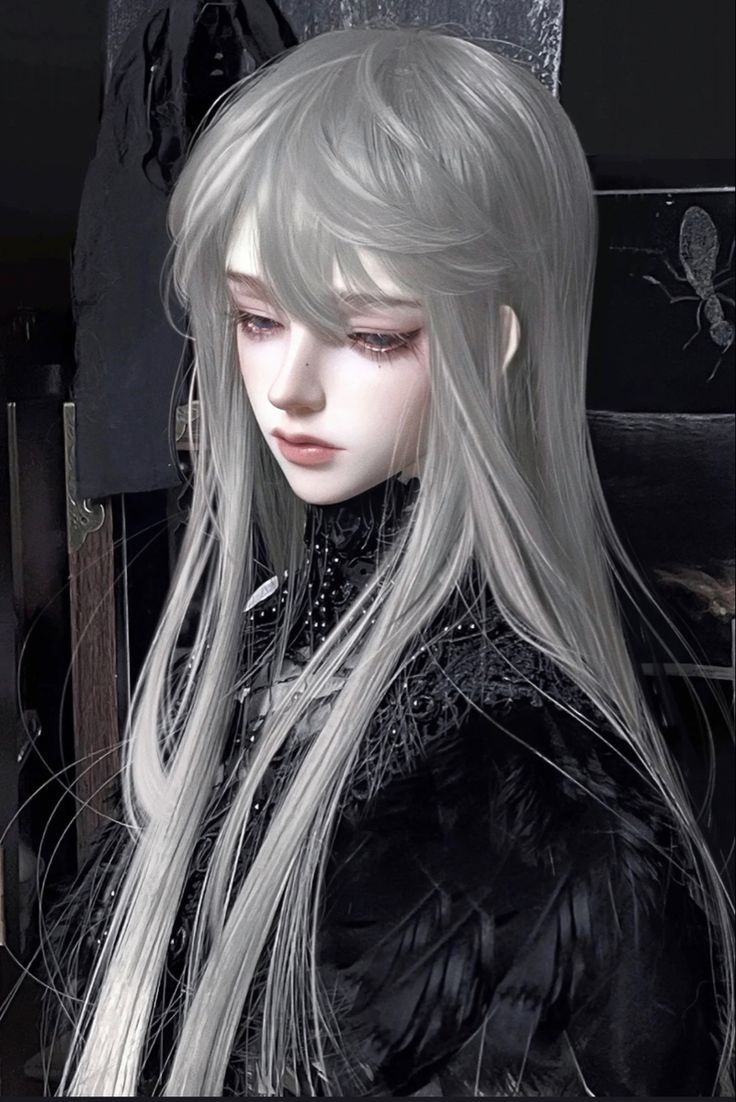 a woman with long white hair and black clothes