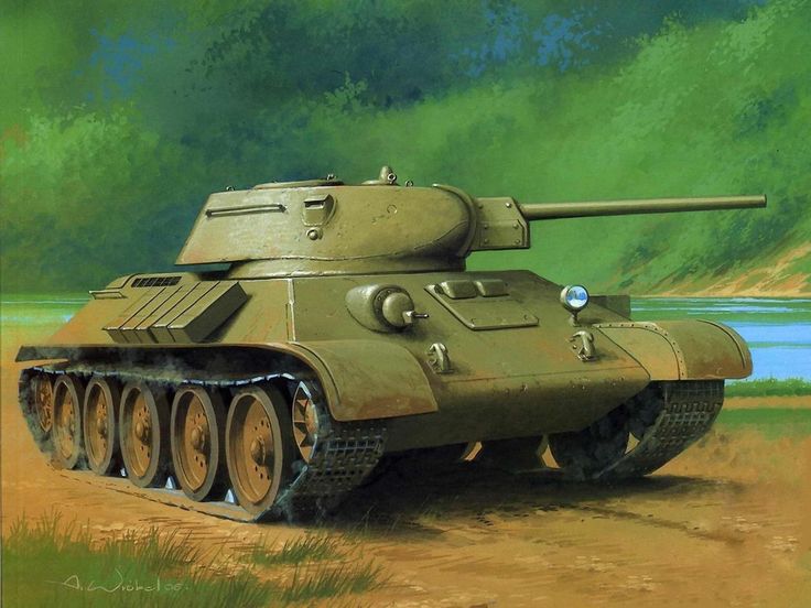 a painting of a tank in the middle of a dirt field with water behind it