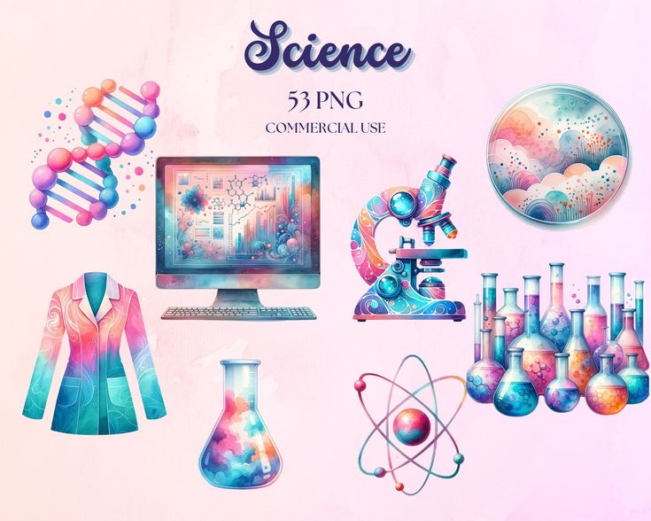 an image of science themed items on a pink background