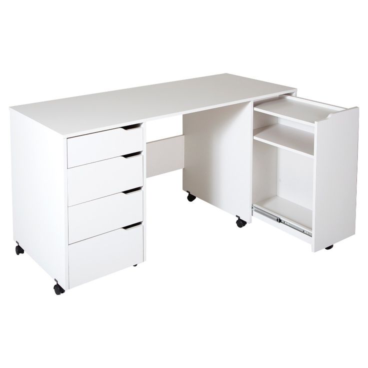 a white desk with three drawers on wheels