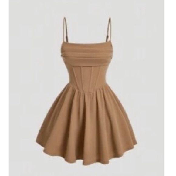 Never Worn Beautiful Tight Waste Dress Perfect For Cute Picnics Or Lunch Date Formal Dresses For Middle School Dance, Dresses For 11-12, Cute Tan Dresses, Mid Thigh Dresses, Light Brown Hoco Dress, Middle School Dresses, Cute Shien Fits, Cute Casual Dress Outfits, Teenager Outfits Dress