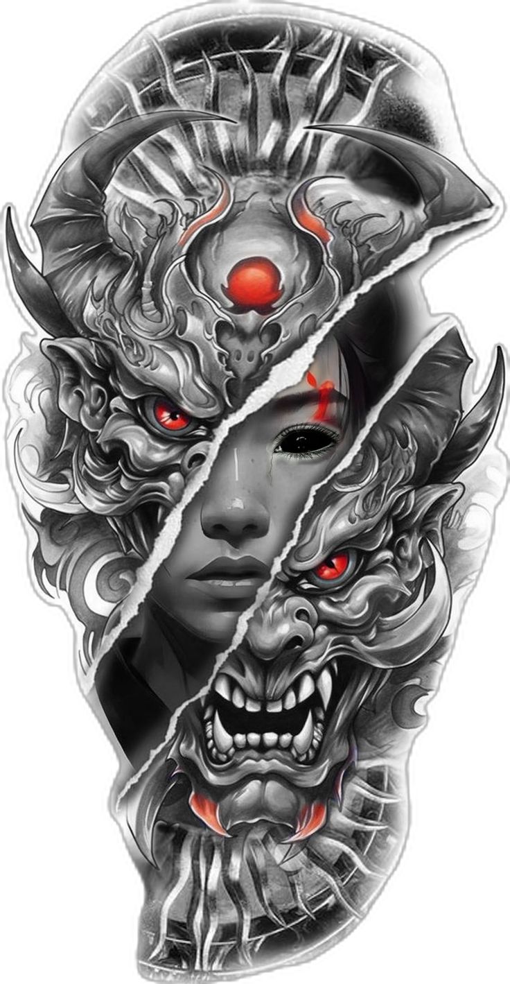 a woman's face with red eyes and horns