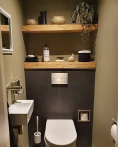 a toilet and sink in a small room with shelves on the wall above it,