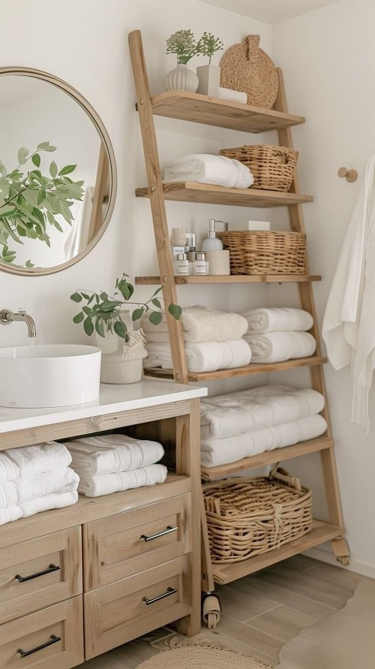 a bathroom with towels, baskets and a ladder in the wall next to a sink