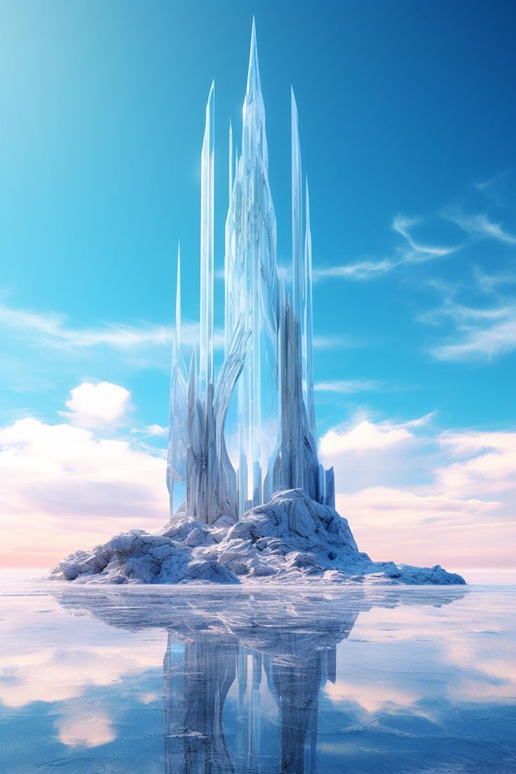 an ice castle in the middle of water with its reflection on the surface and blue sky