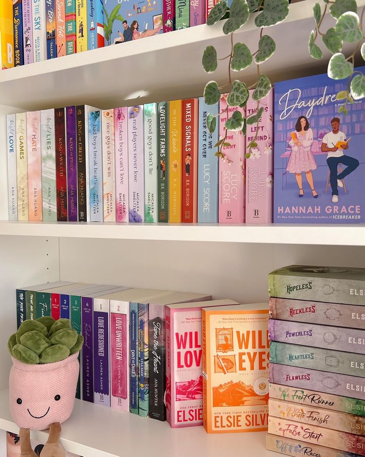 there are many books on the shelves in this room and one has a potted plant