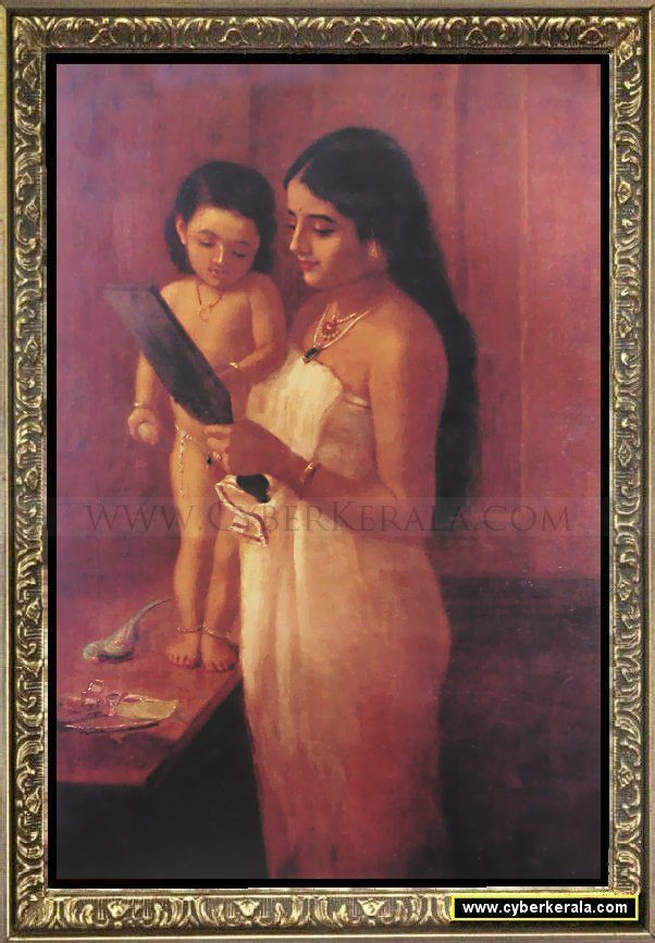 a painting of a woman and child looking at something in a mirror with the reflection of them