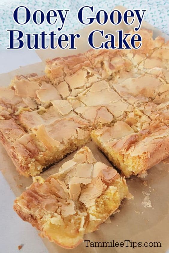 gooey gooey butter cake is cut into squares