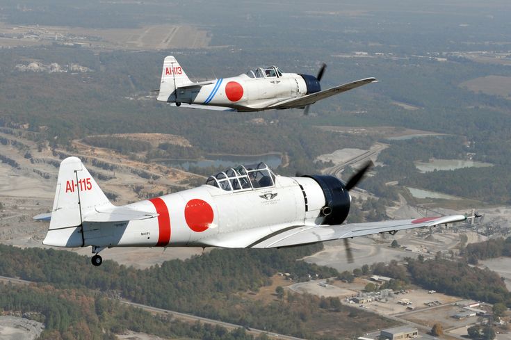 two planes flying side by side in the sky over land and trees, with buildings behind them