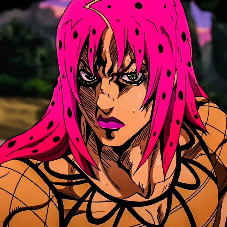 an anime character with pink hair and polka dots on her head, staring at the camera