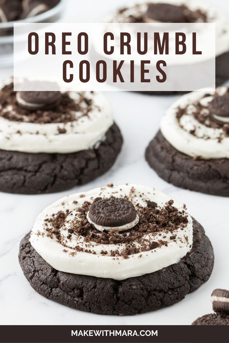 oreo crumbl cookies with white frosting on top