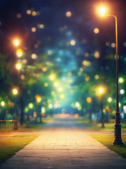 an empty walkway in the park at night