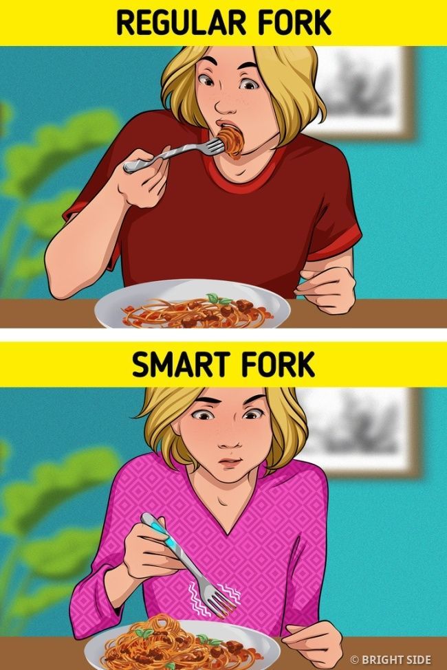 two women sitting at a table eating food with the words regular fork and smart fork