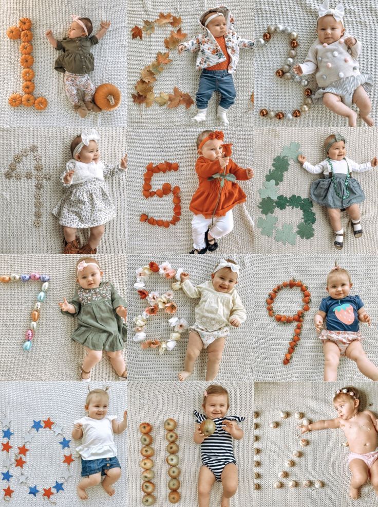 many different baby dolls laying on top of a blanket with numbers and stars around them