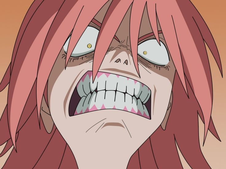 an anime character with pink hair and big eyes has his mouth open to the side