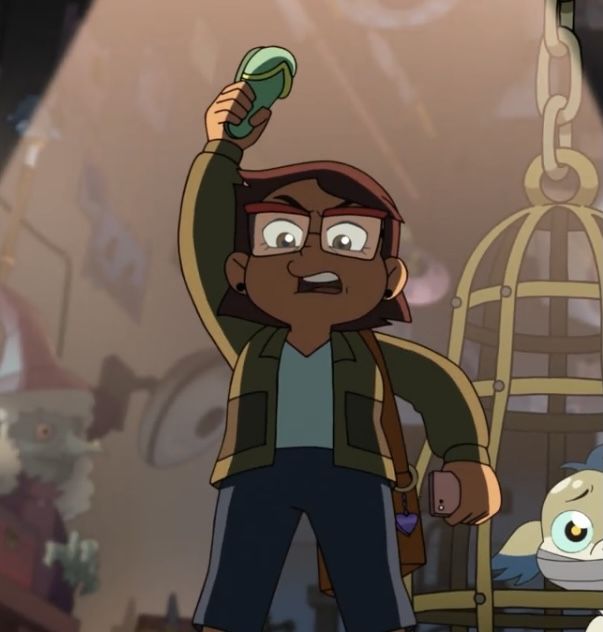 an animated character holding up a cell phone in front of a cage with other cartoon characters