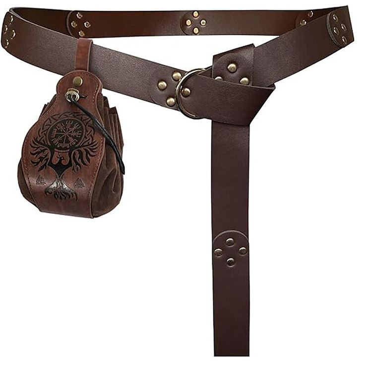 a brown leather belt with a bag hanging from it