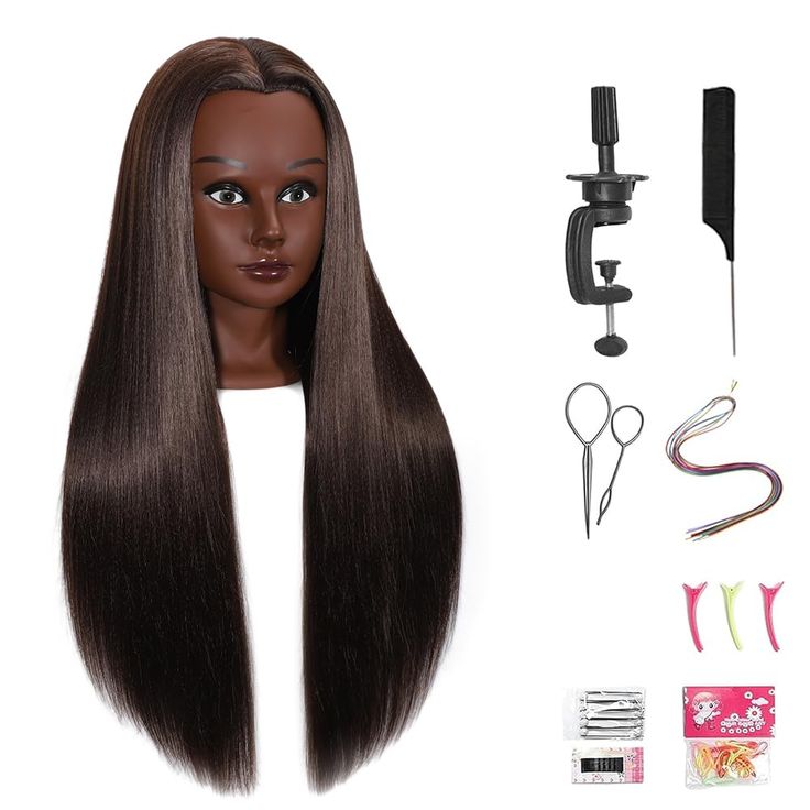 PRICES MAY VARY. Total Length：26-28 Inches (from the forehead to the back hair end), 20 Inch (Individual Hair Strand). Color: # Brown Hair quality：Mannequin Head Human Hair；Head Features：female head；Head Circumference：52cm Suitable For：Cosmetology Mannequin Head works with barbers, hairstylists, hairdressers and hair designers. Ideal gift for girls to practice braiding. Instructions: When curling or straightening the hair, temperature between 120°-150°, time less than 15s. (Need to cool a few se Mannequin Head With Hair, Hair Mannequin Hairstyles, Hair Styles On Mannequin Head, Mannequin Face, Hairdressing Training, Hair Academy, Hair Mannequin, Mixed Hair, Female Head