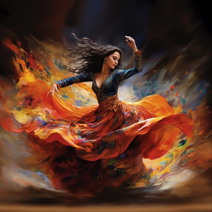 a painting of a woman dancing in an orange and red dress with her hair blowing in the wind