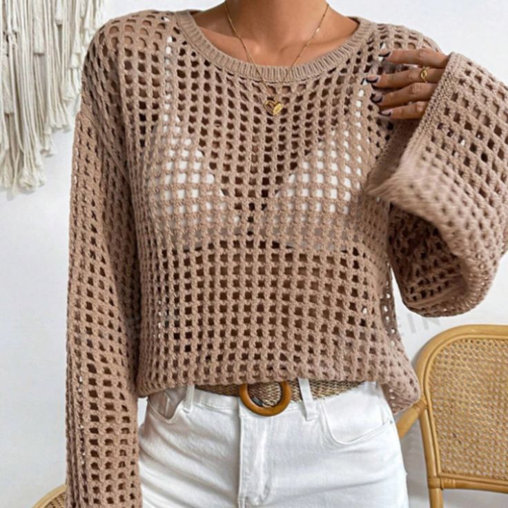 Lasaky - Wide-Sleeve Loose-Fit Knit Sweater with Hollow Out Design Cutout Blouse, Beach Wear Outfits, Blouse For Women, Caramel Color, Blouse Patterns, Wide Sleeves, Custom Dresses, Flared Sleeves, Silk Blouse