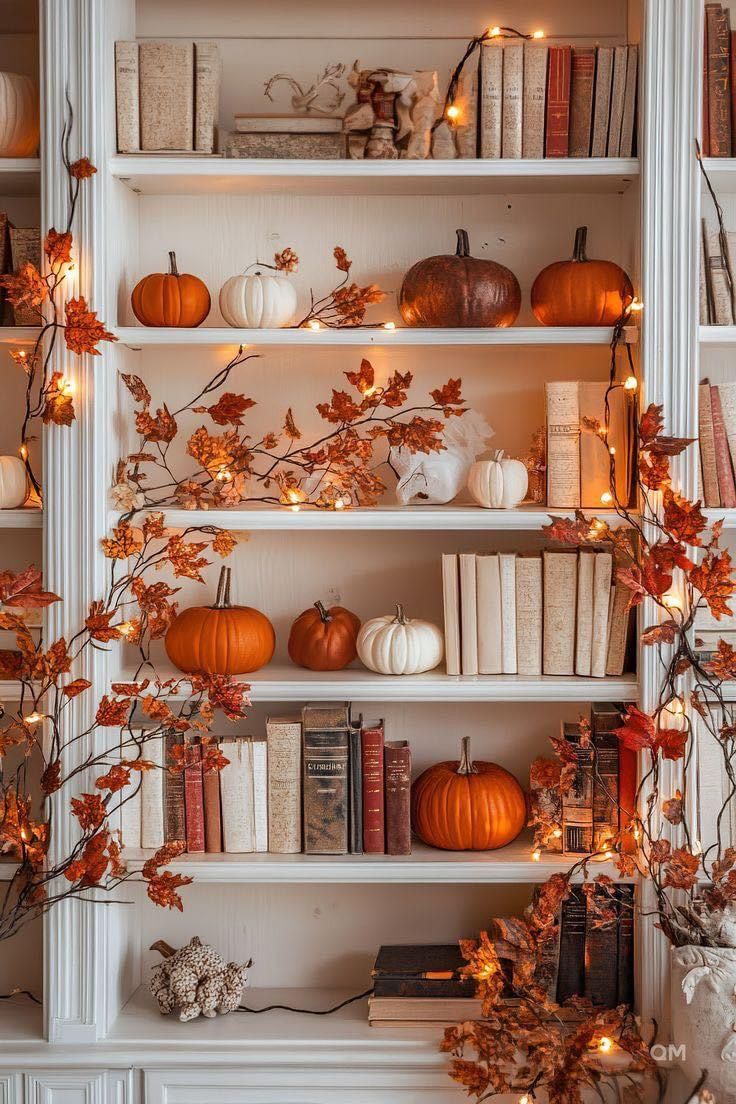 a bookshelf filled with lots of pumpkins and other decorations on top of it