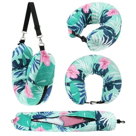 a set of travel accessories including a neck pillow, headband and lanyard in tropical print