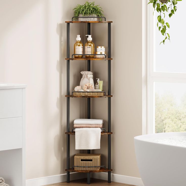 a bathroom shelf with towels and soaps on it