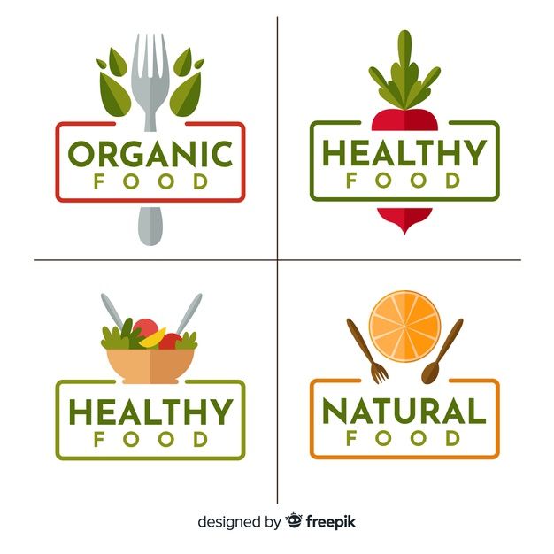 four logos for healthy food with fruits and vegetables