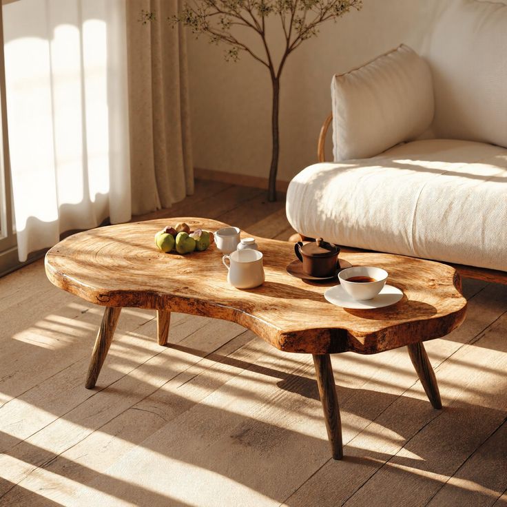 a coffee table with two cups on it in front of a couch and tree branches